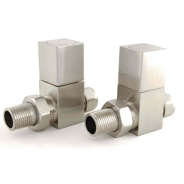 DRS Cubex Square Straight Radiator Valves: Satin Nickel
