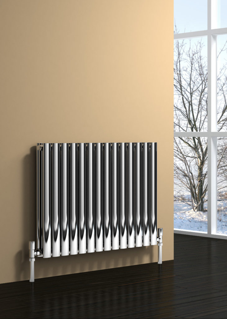 Nerox Double horizontal radiator polished on a cream wall
