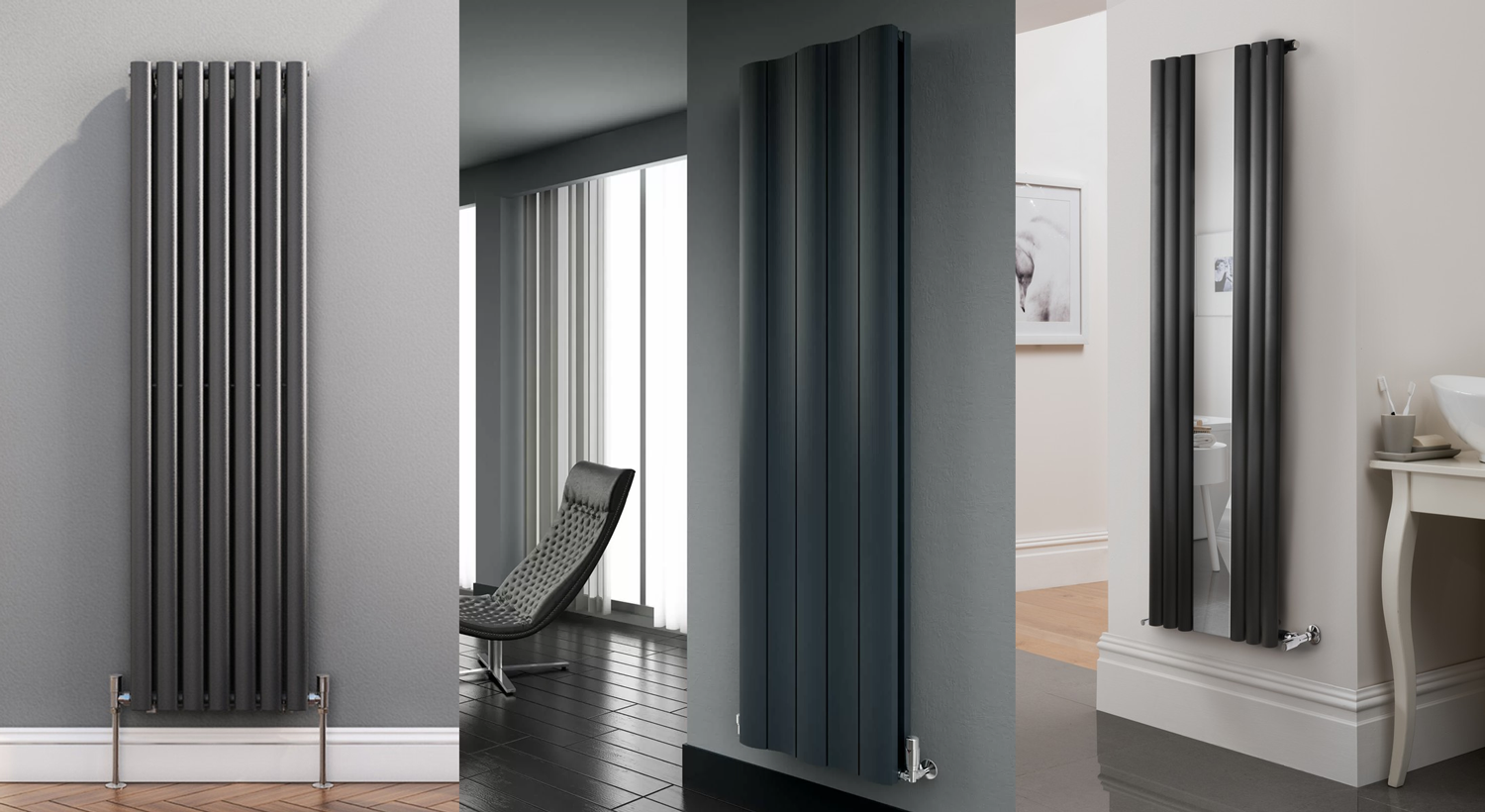 Anthracite Radiators Close up of modern horizontal anthracite grey radiator against white wall Contemporary matte charcoal heating unit provides efficient warmth with stylish minimalist design Premium quality anthracite radiators on sale now