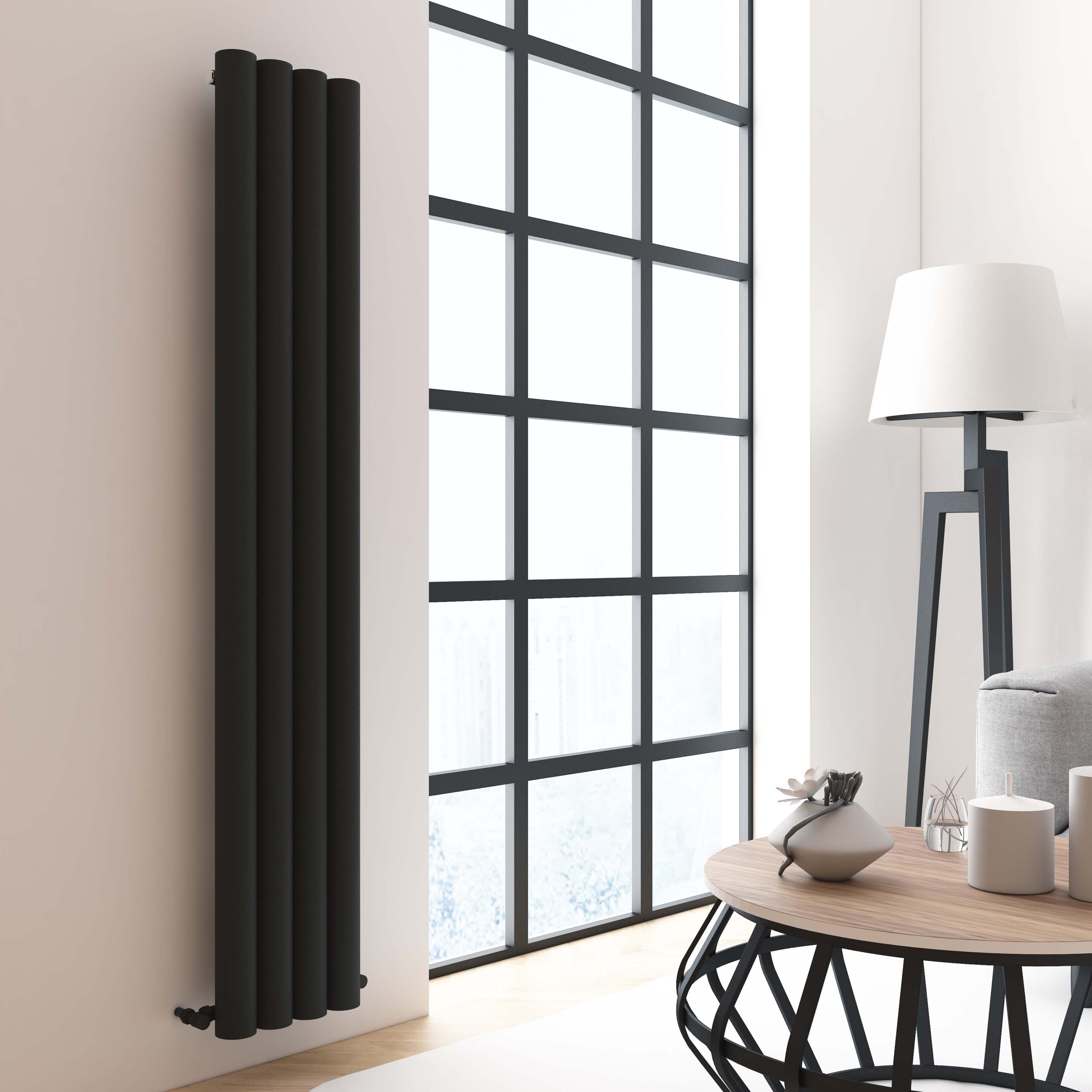 Close up product shot of the sleek powder coated frame and flat fronted design of OTTOs vertical radiator models that make an attractive non intrusive addition to interior walls