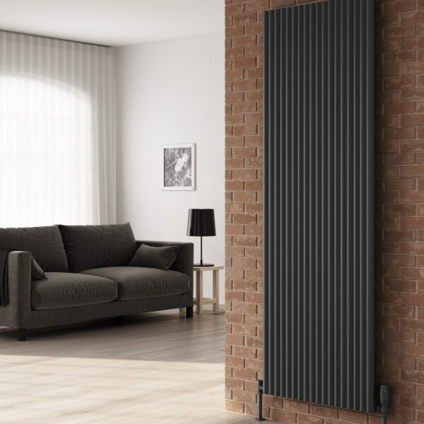 A tall, sleek vertical radiator adds a touch of sophistication to a modern living room.