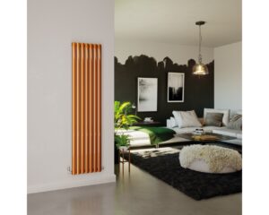  Copper Radiator; Row of Victorian style copper panel radiators offered by Denali Radiators. Decorative heating solutions made of copper for adding character and efficiency to residential and commercial spaces. Range of sizes shown highlights customizability.