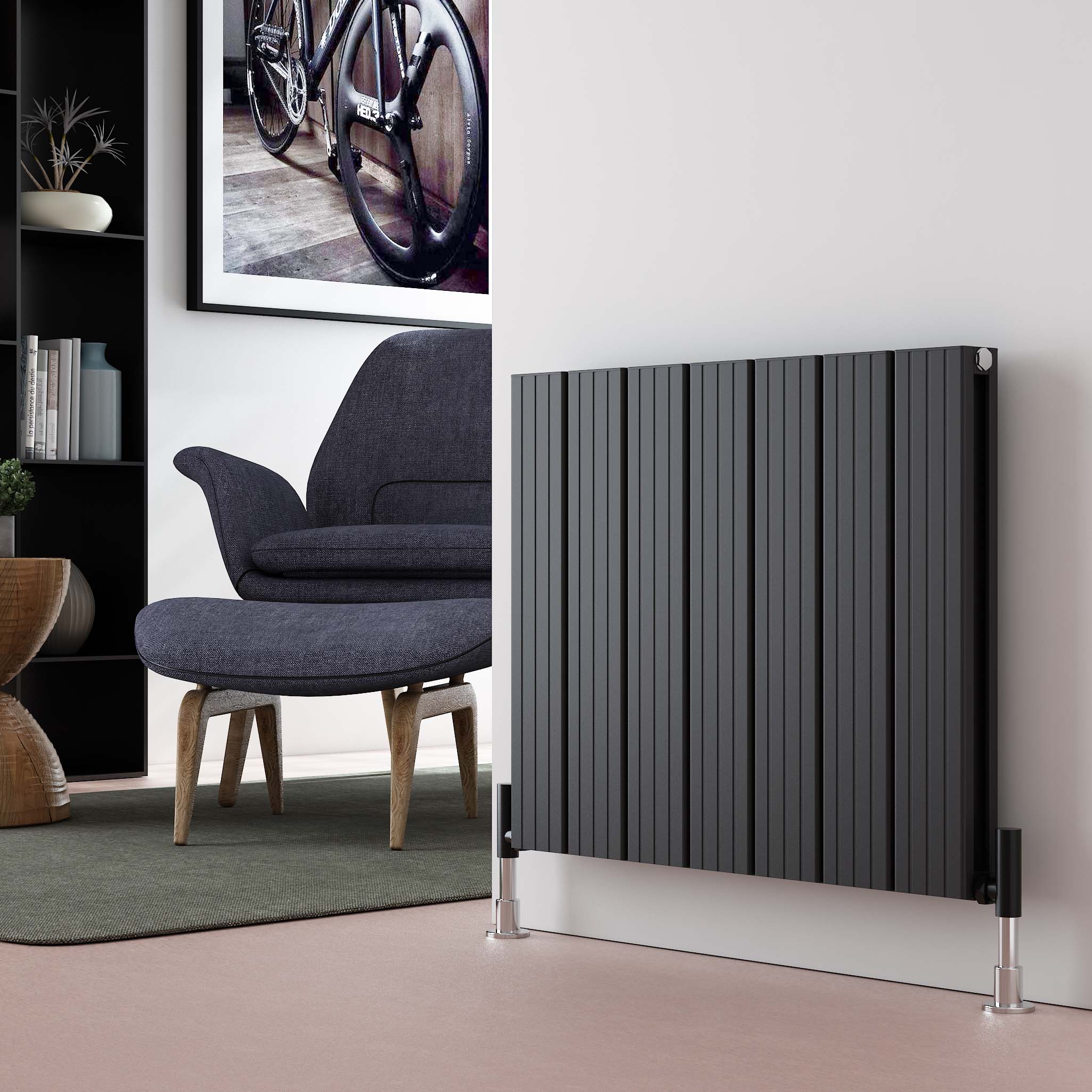 A stylish comparison image showcasing both vertical and horizontal radiators in a designer setting illustrating the different aesthetic appeals and space efficiencies of each style in a modern home environment